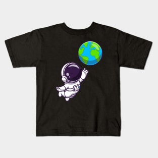 Cute Astronaut Floating with Earth World Kids T-Shirt